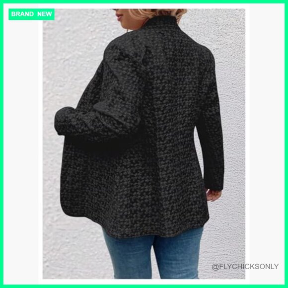 Plus Size Jacquard Long Sleeve Open Front Blazer Jacket Notch Collar - Picture 3 of 5
